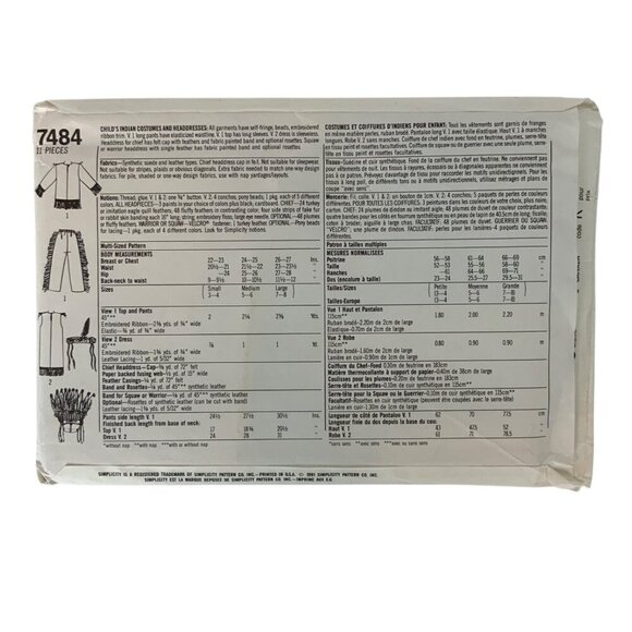 Simplicity 7484 Childrens Native American Costume Pattern Sizes S-M-L Vtg 1991 - Picture 2 of 3